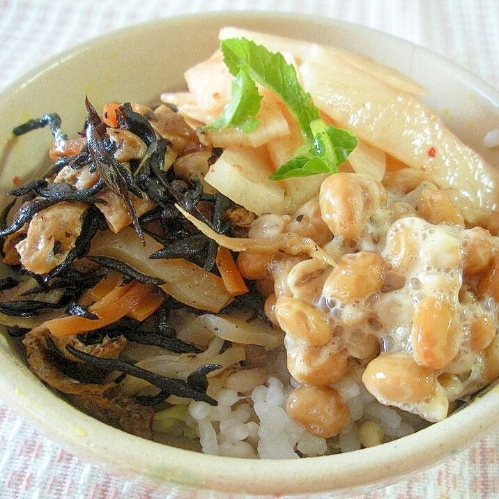 ひじきの煮物と納豆、長芋のさっぱりどんぶり